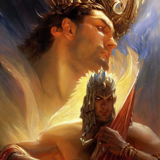 Prompt: attractive male deity casts dark spell, summons handsome lucifer morningstar. highly detailed painting by gaston bussiere, craig mullins, j. c. leyendecker 8 k