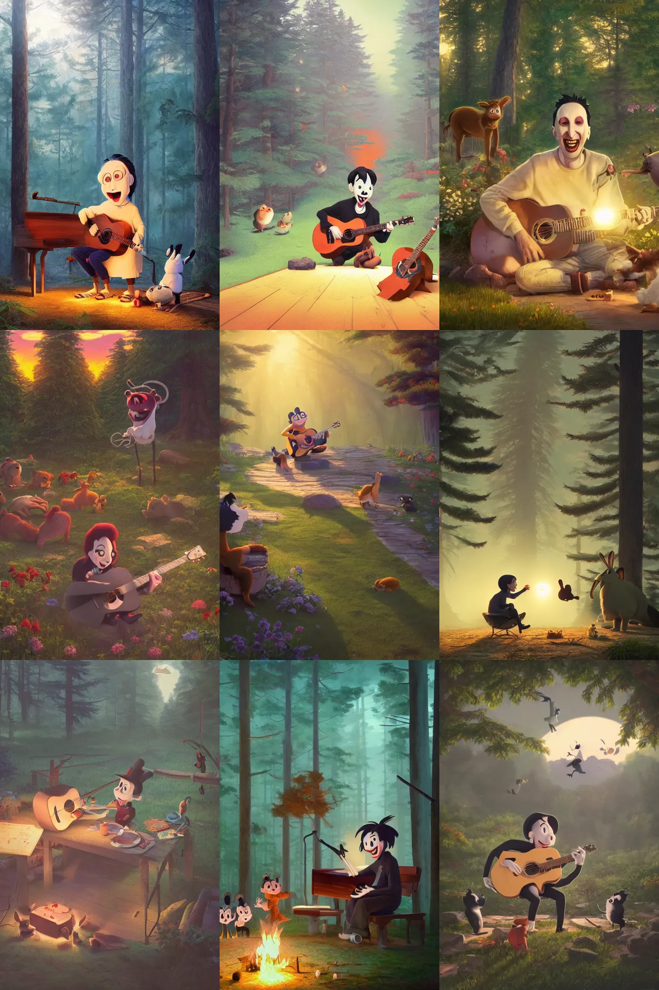 Prompt: a wholesome cottagecore illustration of a happy cartoon Marilyn Manson playing the acoustic guitar to the forest animals, studio Ghibli, Pixar and Disney animation, sharp, Rendered in Redshift and Unreal Engine 5 by Greg Rutkowski, Bloom, dramatic lighting, sunrise