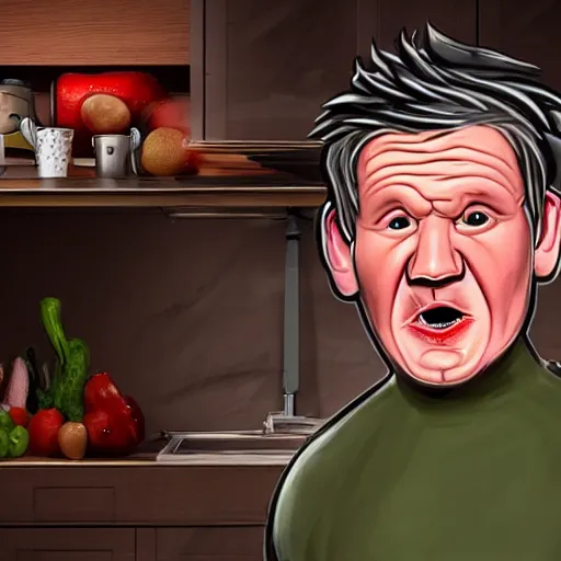 Image similar to Gordon Ramsay but as a goblin, realistic, detailed, in front of a kitchen backround