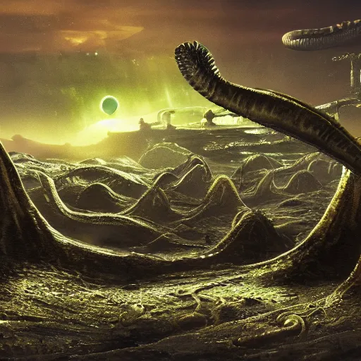 Prompt: disturbing slimy disgusting alien landscape filled with vast amounts of alien life and disturbing radioactive sky
