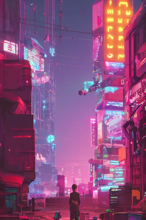 Image similar to up shot, a cyberpunk City Street with billboards and signs , rendered by simon stålenhag, rendered by Beeple, Makoto Shinkai, syd meade, environment concept, digital art, starwars, raphael lacoste, eddie mendoza, alex ross, concept art, cinematic lighting, , unreal engine, 3 point perspective, WLOP, trending on artstation, low level, 4K UHD image, octane render,