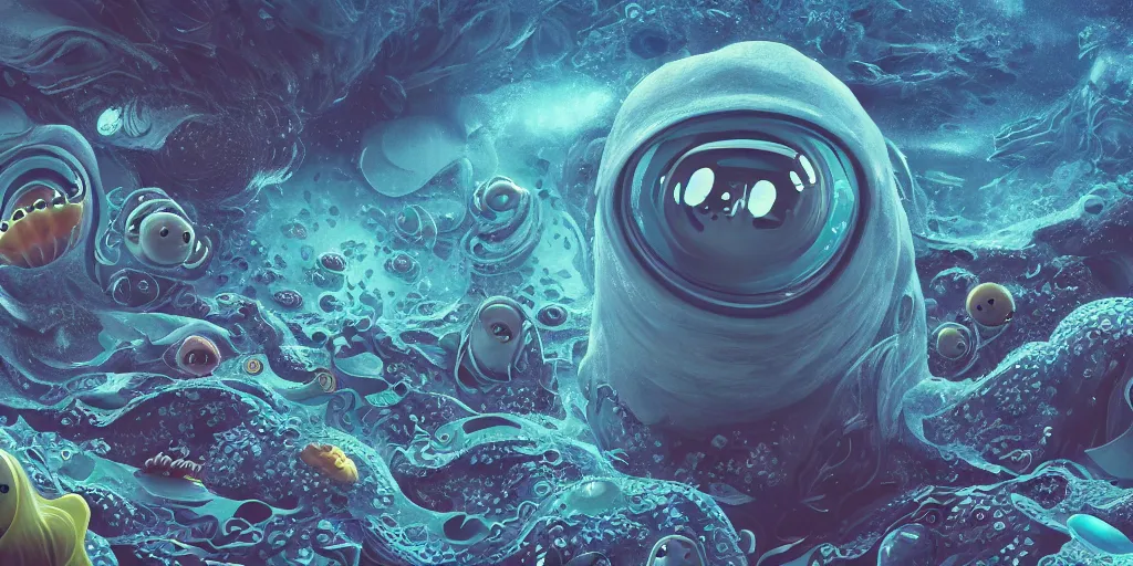 Image similar to of an intricate deep sea with strange cute friendly happy creatures with huge eyes, long tongue, round teeth and goofy funny face, appearing from the background, in the style of gehry and gaudi, macro lens, shallow depth of field, ultra detailed, digital painting, trending artstation, concept art, illustration, cinematic lighting, photorealism, epic, octane render