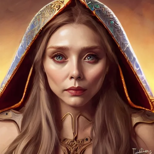 Image similar to Elizabeth Olsen as a elf archer, cute, fantasy, intricate, elegant, highly detailed, centered, digital painting, artstation, concept art, smooth, sharp focus, illustration, art by artgerm and H R Giger and alphonse mucha