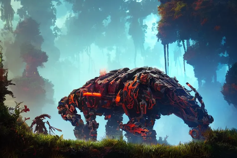 Image similar to fireclaw machine mecanical creature robot of horizon forbidden west horizon zero dawn bioluminiscence global illumination ray tracing hdr fanart arstation by ian pesty and alena aenami artworks in 4 k