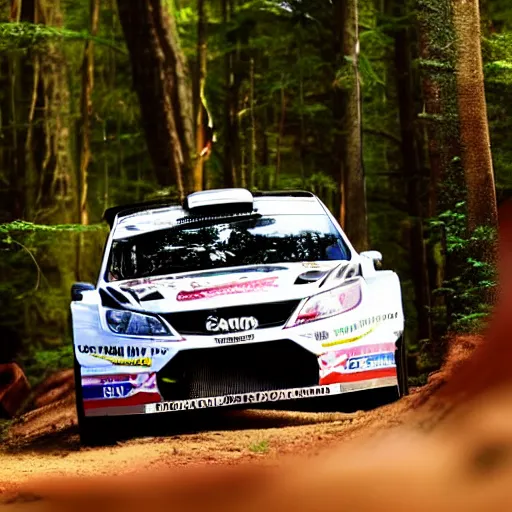 Image similar to close up of rally racing car in forest, cinematographic shot, cartoon