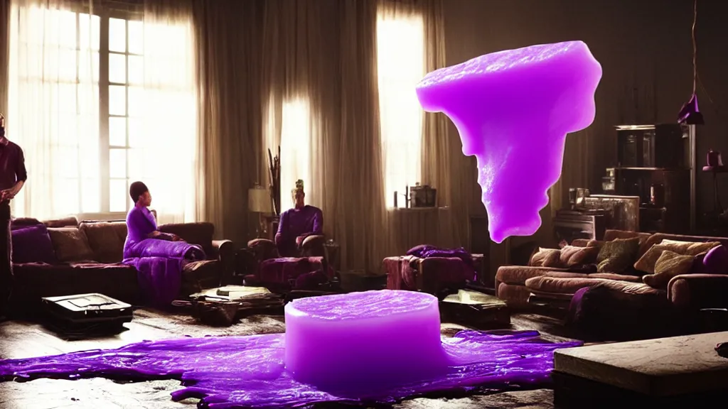 Image similar to a giant hand made of purple wax float through the living room film still from the movie directed by denis villeneuve with art direction