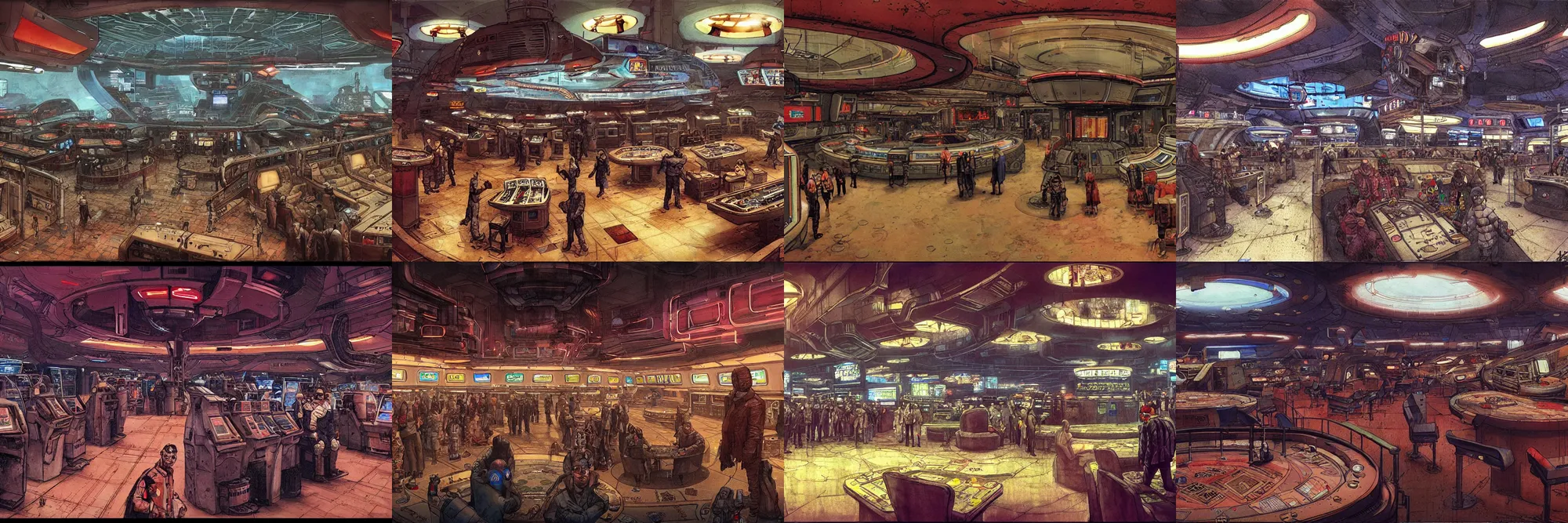 Prompt: inside a bustling cyberpunk casino on mars, by enki bilal