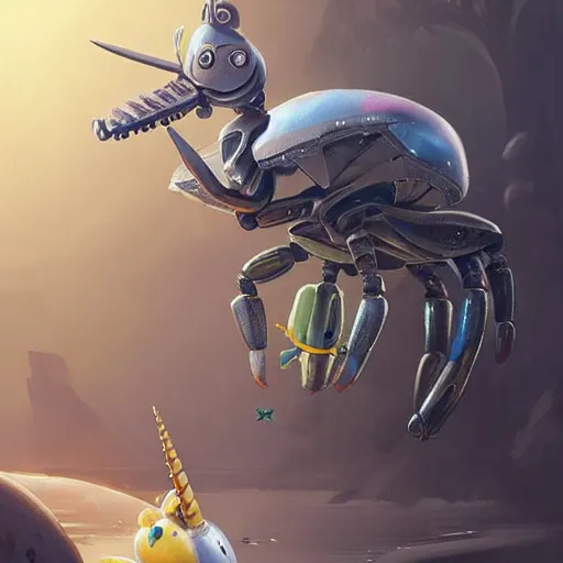 Image similar to unicorn grey alien changing batteries to a robotic crab with african decoration and a spongebob puppet, highly detailed, concept art, art by wlop and artgerm and greg rutkowski, masterpiece, trending on artstation, 8 k