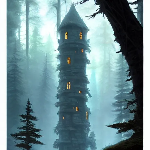 Prompt: a magical tower in the middle of the woods, magical forest, by Jordan Grimmer and greg rutkowski, crisp lines and color,