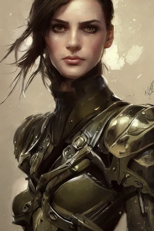 Image similar to a professionally painted portrait of an attractive young woman, clothed in military armor, olive skin, long dark hair, beautiful bone structure, symmetrical facial features, intricate, elegant, digital painting, trending on Artstation, concept art, smooth, sharp focus, illustration, from Metal Gear by Ruan Jia and Mandy Jurgens and Artgerm and William-Adolphe Bouguerea, award winning