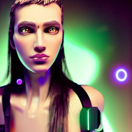 Image similar to a portrait of a female cyborg, fashion, streak lights, ligjt trail, color gel, photogtaphy, photorealistic, canon r 5, wide angle, 3 d rendered, maya