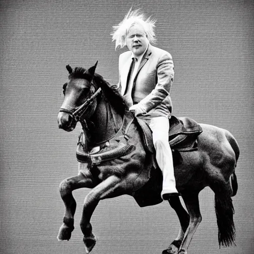 Image similar to a portrait of boris johnson in boxer shorts riding a horse, communist propaganda