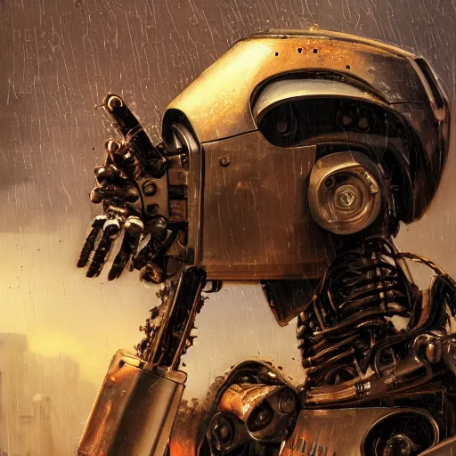 Prompt: an portrait of an robot humanoid with a chainsaw as an arm, scrap backround, clouds, rain, orange, digital painting, artstation, concept art, donato giancola, Joseph Christian Leyendecker, WLOP, Boris Vallejo, Breathtaking, 8k resolution, extremely detailed, beautiful, establishing shot, artistic, hyperrealistic, octane render, cinematic lighting, dramatic lighting, masterpiece, light brazen, extremely detailed and beautiful face, centered, smooth, sharp focus