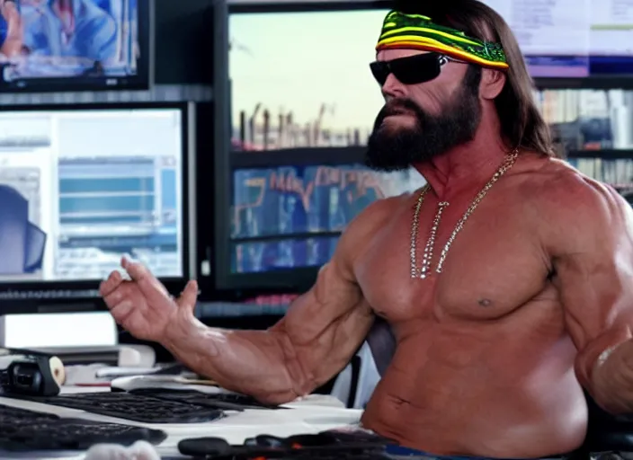 Image similar to film still of Macho Man Randy Savage on a computer in the new Wolf of Wallstreet movie, 8k
