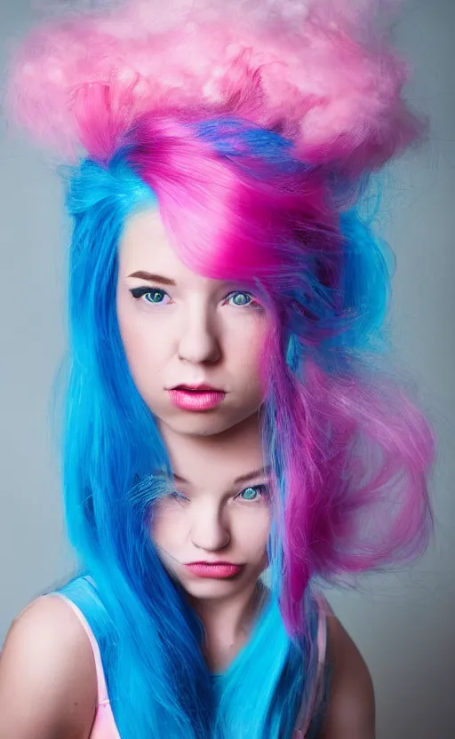 Image similar to a dramatic photo of a beautiful young woman with cotton candy hair. with a little bit of cyan and pink