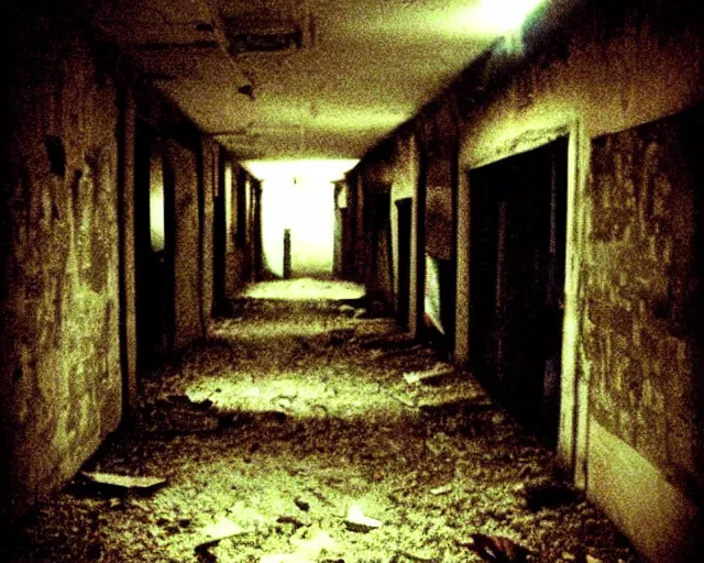 Image similar to dark abandoned hallway at night, bright eyes can be seen, letterboxing, widescreen, 40mm tape, technicolour film, grainy, horror, eyes!!!!!!