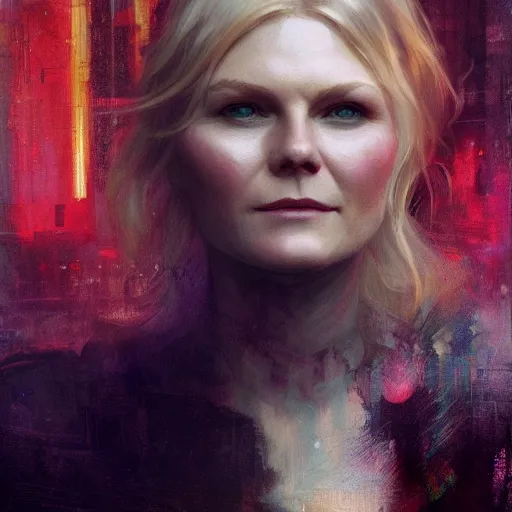 Image similar to kirsten dunst, hyperrealistic portrait, bladerunner street, art of elysium by jeremy mann and alphonse mucha, fantasy art, photo realistic, dynamic lighting, artstation, poster, volumetric lighting, very detailed face, 4 k, award winning