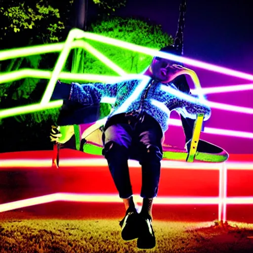 Image similar to pop art of Weeknd wearing shorts swinging on a swing at night neon lights