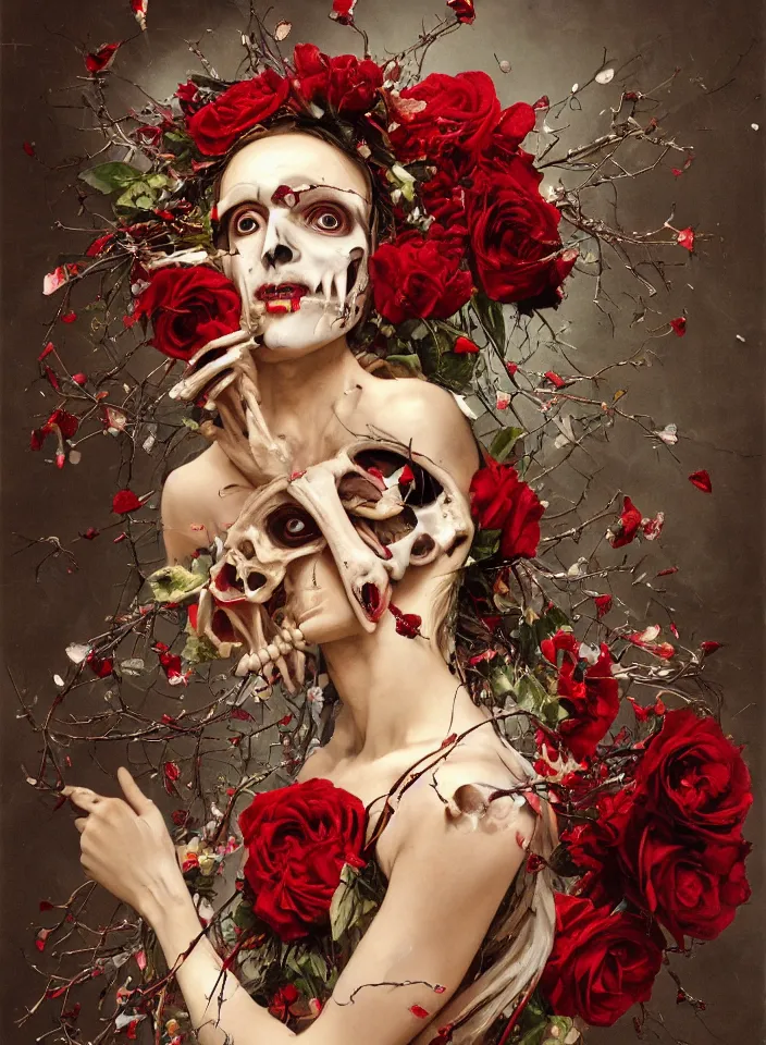 Prompt: transparent woman in a mask of a bird\'s skull with a wreath of roses, dressed in a dress of red boiling liquid wax, from under which the bones of the skeleton are visible, flying around the bird, buds and rose petals, dark background, epic, wide angle painted by Caravaggio, Greg rutkowski, Sachin Teng, Thomas Kindkade, Alphonse Mucha, Norman Rockwell, Tom Bagshaw.