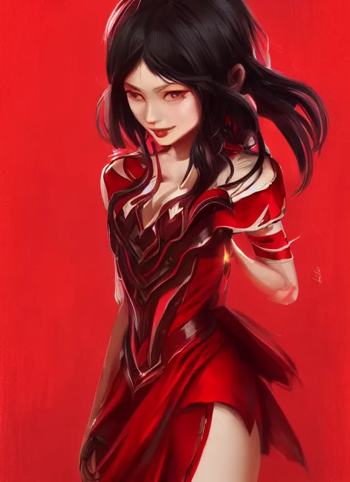 Image similar to a highly detailed illustration of hime cut black haired woman wearing red dress, dramatic smiling pose, intricate, elegant, highly detailed, centered, digital painting, artstation, concept art, smooth, sharp focus, league of legends concept art, wlop