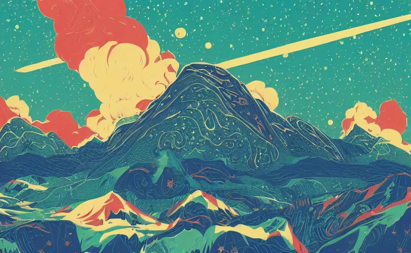Prompt: mountains, stars and paisley filled sky, artstation, intricate, highly detailed, digital painting, concept art, sharp focus, illustration by tom whalen and charles williams and kilian eng and james jean