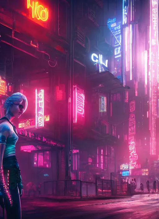 Image similar to ciri in a cyberpunk city full of neon. hyperrealistic oil painting, 4k, very detailed faces, studio lightning, award winning