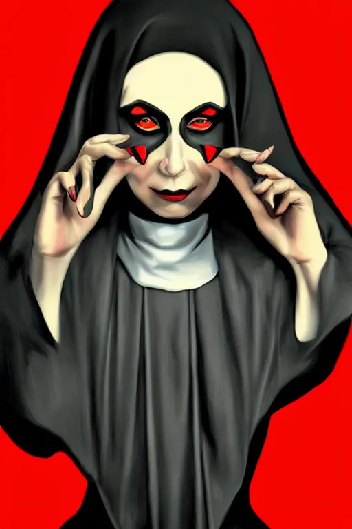 Prompt: portrait, digital painting, an evil nun, black habit, realistic, hyperdetailed, spooky, chiaroscuro, red rim lighting, black background, concept art, art by roy lichtenstein