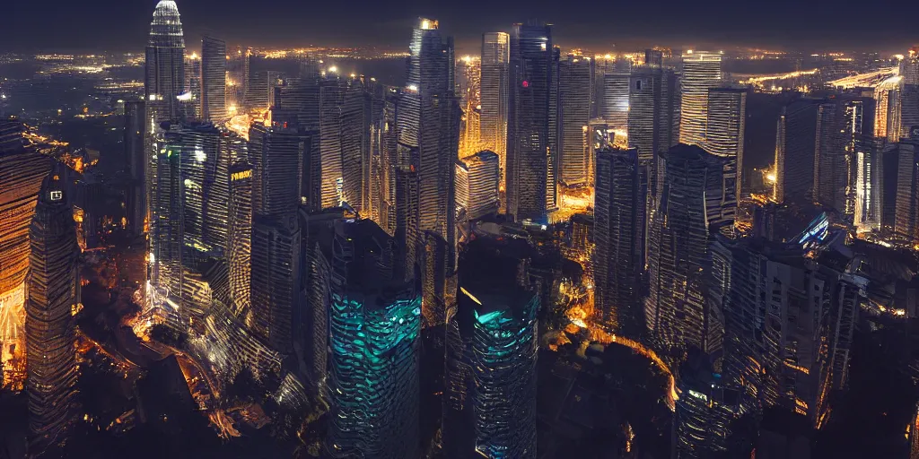 Image similar to malaysia city at night, unreal 5, hyperrealistic, realistic, photorealistic, dynamic lighting, highly detailed, cinematic landscape, studio landscape, studio lighting