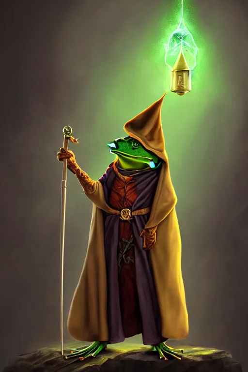 Prompt: frog mage in a cloak with a magic wand, in hogwarts, high details, volume light, best composition, 4 k