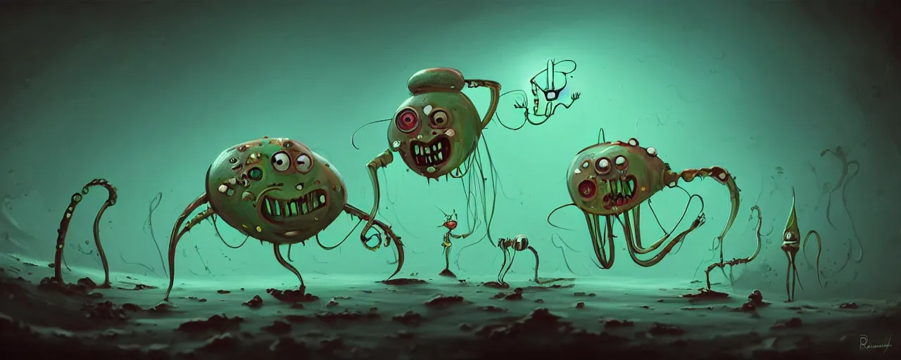 Image similar to wild whimsical plankton mutants from the depths of a wasteland deep in the imaginal realm, dramatic lighting, surreal fleischer cartoon characters, shallow dof, surreal painting by ronny khalil