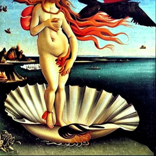 Prompt: high quality oil painting by botticelli, birth of venus with a raven bird