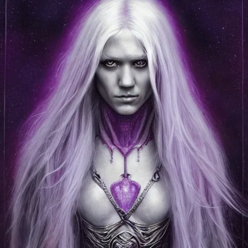 Prompt: head and shoulders portrait of a purple - skinned, white - haired drow wizard portrayed by young jessica alba, d & d, fantasy, luis royo, magali villeneuve, donato giancola, wlop, krenz cushart