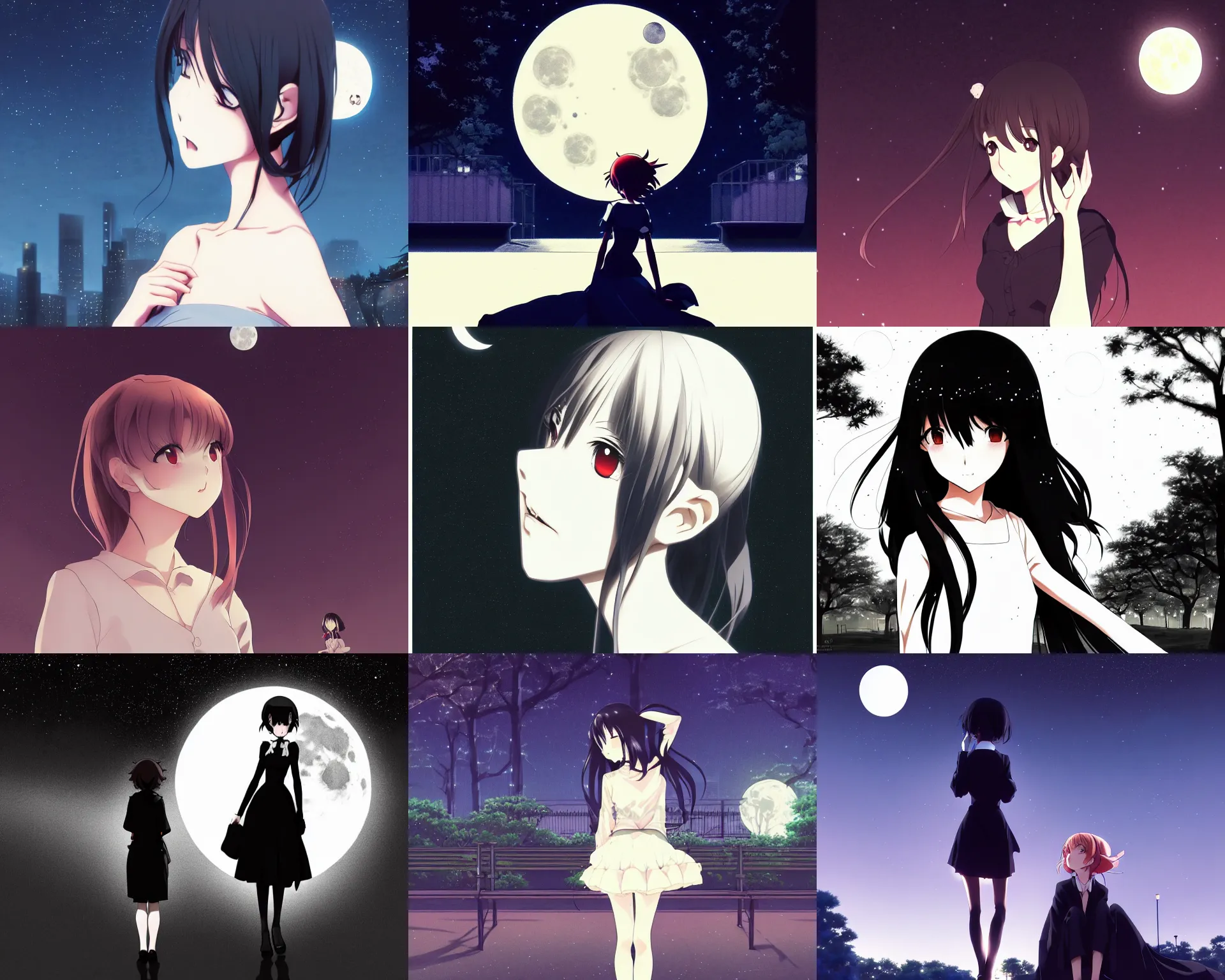 Prompt: anime visual, dark portrait of an elegant girl sightseeing at night in a park, moon, cute face by yoh yoshinari, katsura masakazu, dynamic pose, dynamic perspective, ilya kuvshinov, strong silhouette, anime cels, rounded eyes, realistic proportions, moody, inked facial features, crisp, inked details