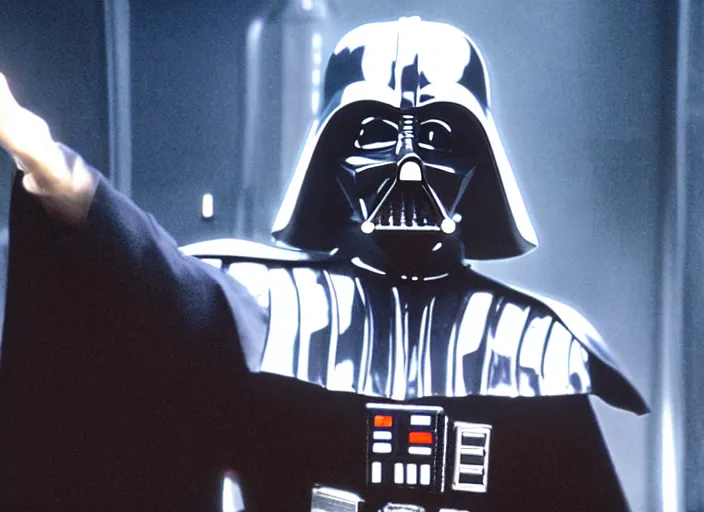 Prompt: film still of Darth Vader posing just like John Travolta on the cover of Saturday Night Fever, 4k
