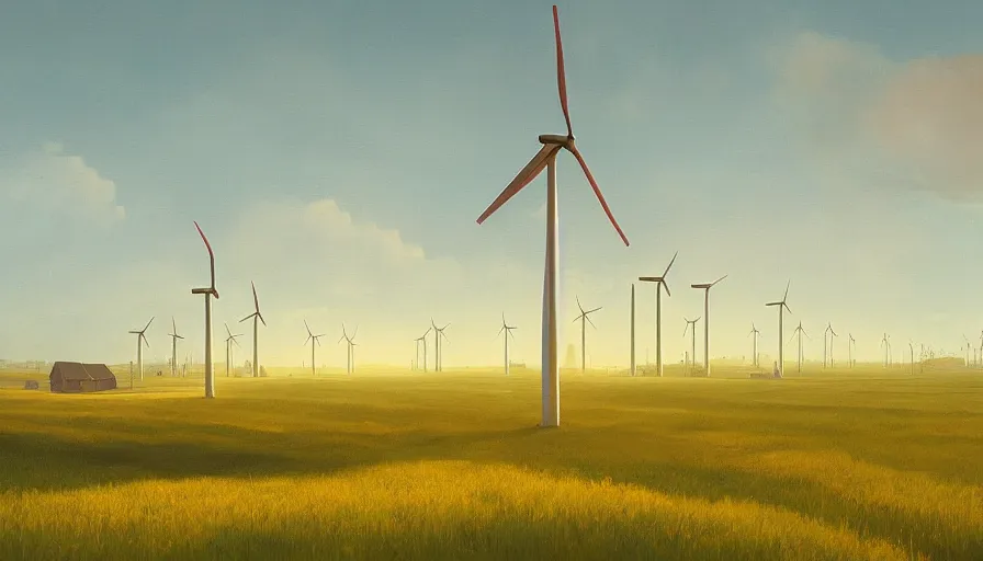 Image similar to big field of wind mills, early morning sun in the sky, one tree, simon stalenhag