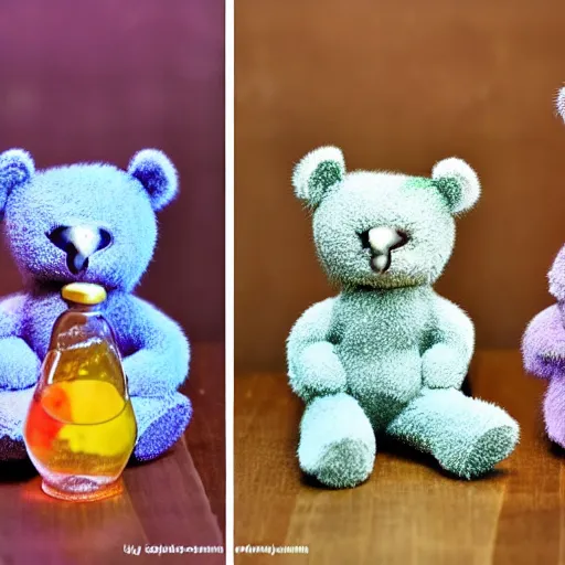 Prompt: teddy bears mixing sparkling chemicals as mad scientists