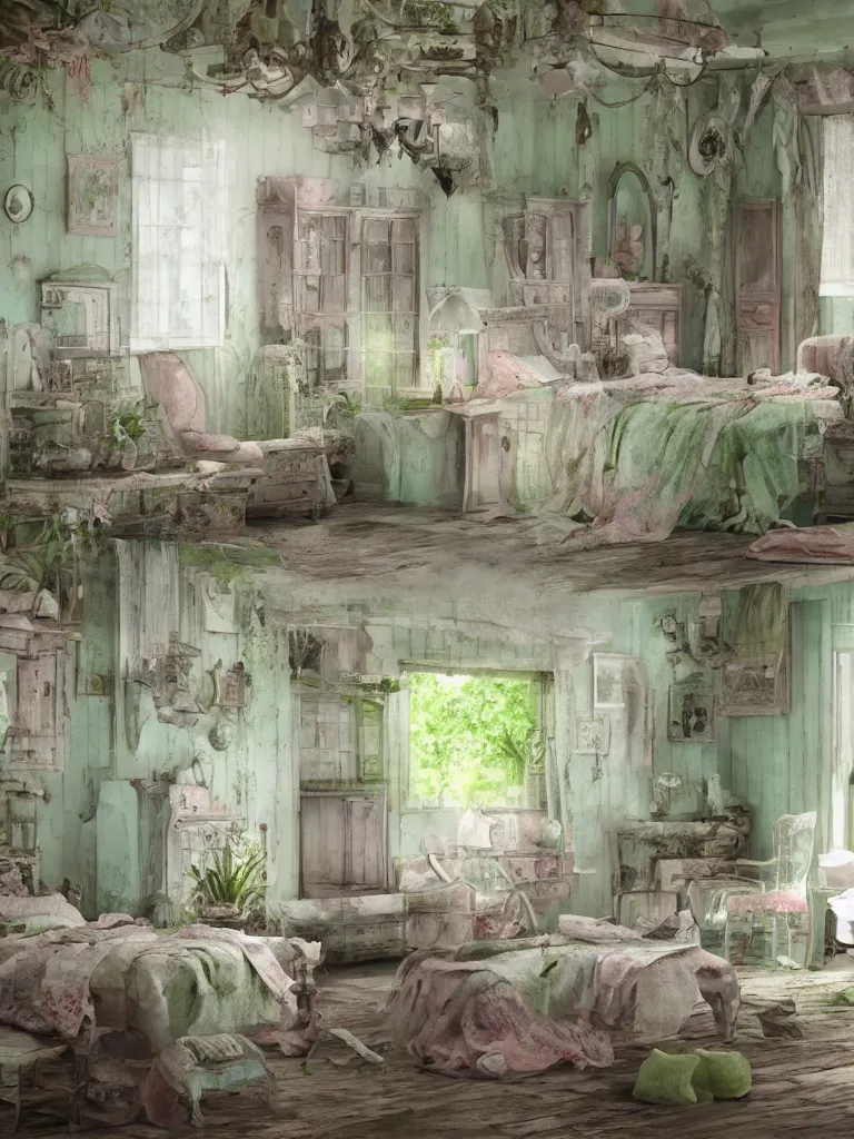 Prompt: Shabby-chic style room with distressed furniture and pastel colors, pleasant interior design, lime green colors, Tropical interior lighting, rural view, pleasant design, messy, style of Elizabethan, 4k, wide perspective, grand composition, concept art, highly detailed, sublime, dramatic, cinematic, octane