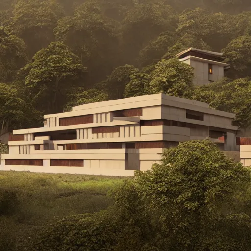 Image similar to modernist beige house inspired by tibetan palace, built like a stadium with atrium in the middle, on a hill surrounded by big trees, dramatic lighting, artstation, realistic rendering, unreal engine, octane render, raphael lacoste, simon stalenhag, frank lloyd wright, helicopter view