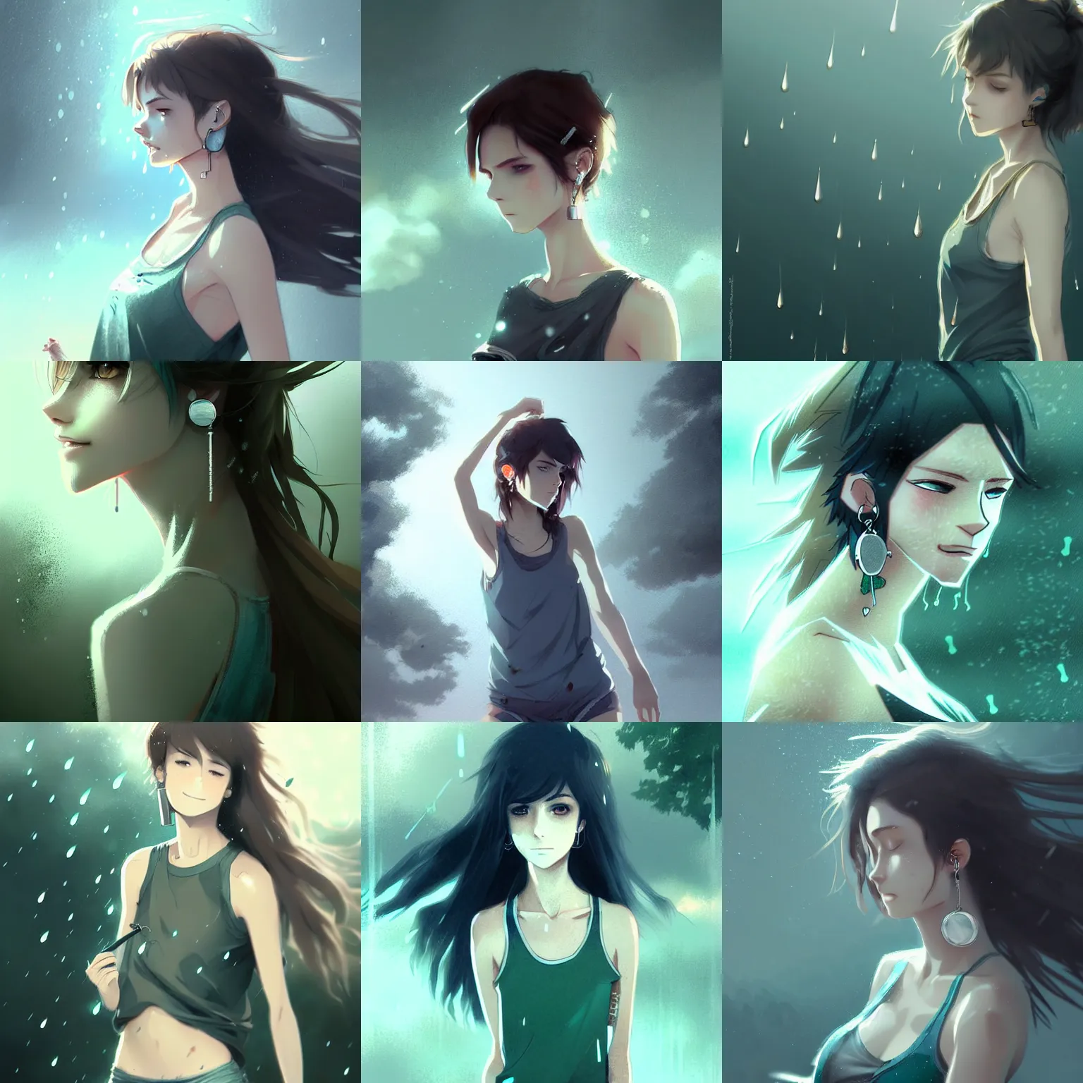 Prompt: sexy and cute girl with green eyes and brown hair, wearing a low cut tanktop, silver earring, raining, in the style of greg rutkowski, silver and blue colors, anime artstyle, intricate