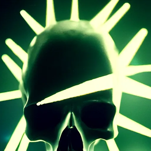 Image similar to a grainy film still of a low poly disco skull full of long spikes, reflecting light in a nightclub, grainy film photograph