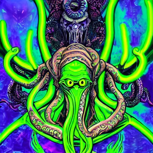 Image similar to 4 k stylized neon headshot of godlike cthulhu with defined arms and open hands and bloody clothes with giant mandala wings, intricate face, flawless anime cel animation by kentaro miura, psychedelic, highly detailed upper body, professionally post - processed, beautiful, scary, symmetry accurate features, epic, octane rendered, anime masterpiece, accurate