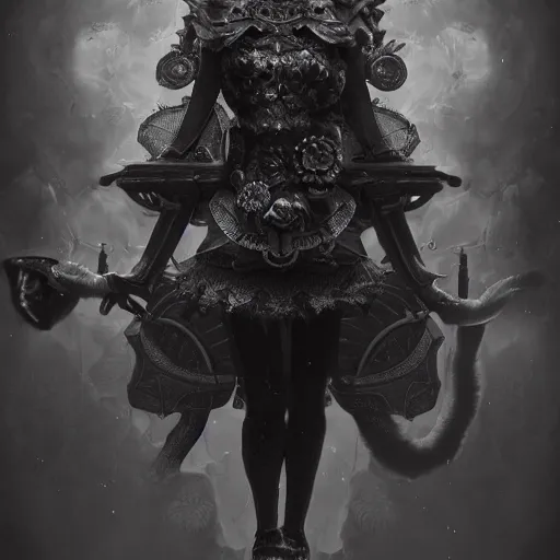 Prompt: actionism, soft painting fractal curiosities carnival, a beautiful neko in full gothic armor, symmetry accurate features, focus, very intricate ultrafine details, black white purple volumetric clouds, award winning masterpiece, octane render 8 k hd, tom bagshaw artstyle