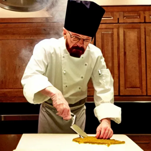 Prompt: walter white cooking a cake with chef hat