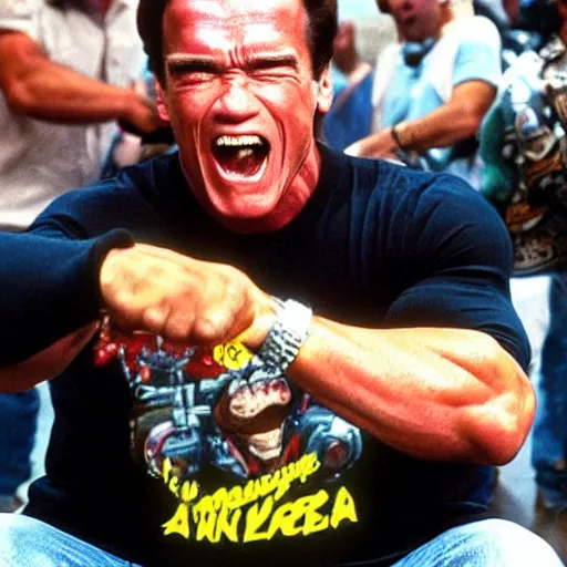 Image similar to arnold schwarzenegger joyfully devouring a motorcycle piece by piece