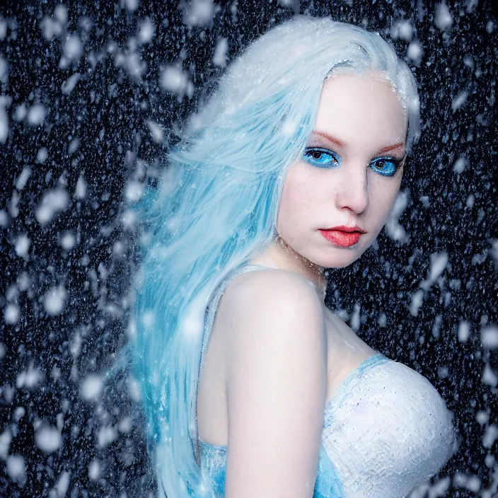 Image similar to full body portrait of a stunningly beautiful woman with pale blue hair wearing a long white dress made out of snowflake in the middle of a heavy snowstorm. she looks almost dead because of how pale she is. by maromi sagi