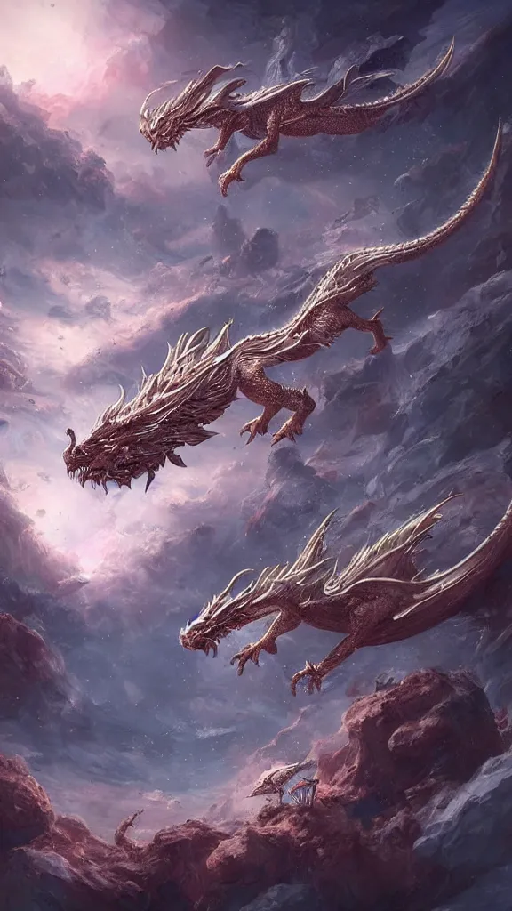 Image similar to cosmic dragon hunting sheeps, by camillo pasquali, inspired by artist maena, environment, sharp, intricate details, 8 k, concept artbook, artstation, video game, digital painting, digital art