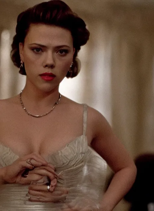 Image similar to movie still of scarlett johannson with a very big bust in goodfellas, directed by martin scorsese