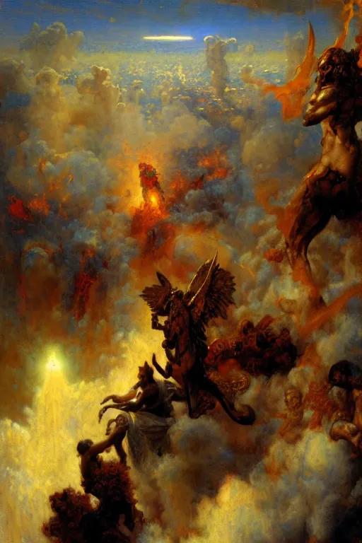 Prompt: War between heaven and hell, painting by Gaston Bussiere, Craig Mullins