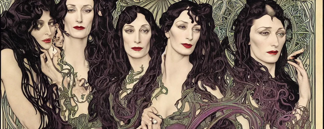 Image similar to stunning hyperdetailed art nouveau portrait of the eva green anjelica huston and morticia addams as the mythological 3 witches, by chris achilleos, michael kaluta and alphonse mucha, photorealism, extremely beautiful, perfect symmetrical facial features, perfect anatomy, strong confident eyes, eldritch powers, witchcraft, magic energy