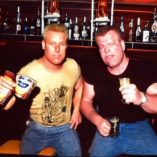 Prompt: duke nukem and doomguy drinking together beer in a bar, analog photography, 9 0 s